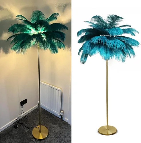 Vista 9 de Lámpara de pie de avestruz natural moderna para sala de estar, lámpara de pie LED con interruptor de pie, acabado dorado, elegante pantalla