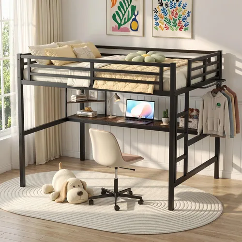 Vista 8 de MAKIAAP Cama alta individual con escritorio, marco de cama alta de metal con puerto de carga USB, luces LED y anclaje antivuelco, litera resistente
