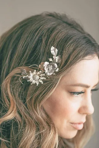 Vista 6 de Small Rose Gold Crystal Bridal Hair Clip By Veiled Beauty Boho Gilded Gold Leaf Crystal Wedding Hair Comb with Blush and Pewter Floral Accents