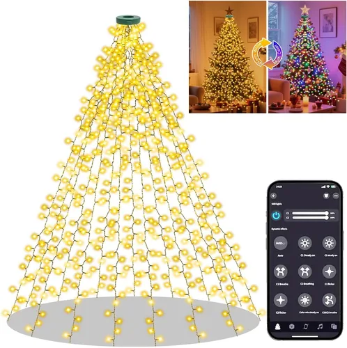 Vista 9 de Guirnalda de luces para árbol de Navidad, 400 LED, 16 líneas, luces de Navidad para árbol, 8 modos y temporizador, tira de luces para interiores
