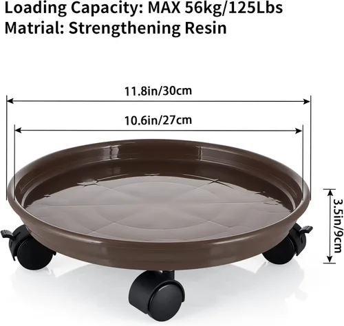 Vista 3 de Skelang Carrito para plantas de 11.8 pulgadas, palet para plantas con ruedas de freno, platillo para macetas móviles para plantas en interiores
