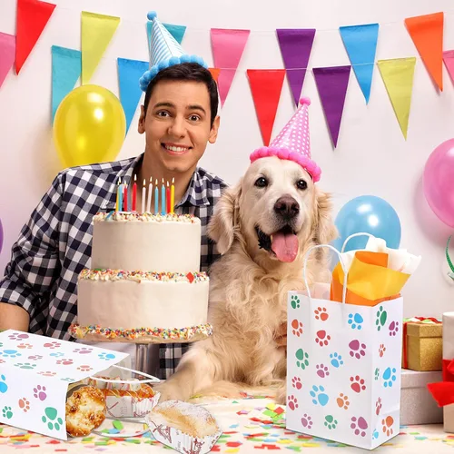 Vista 2 de Clabby 24 bolsas de regalo de papel con diseño de pata de perro, bolsa de papel con asas, recuerdos de fiesta de cachorros para gatos y mascotas