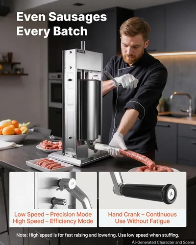 Vista 2 de VEVOR Embutidor manual de salchichas 15 lbs/7L Máquina de carne vertical de Plateado-7LN
