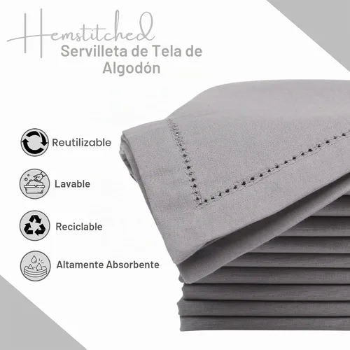 Vista 3 de Lightnpro - Servilletas decorativas de tela con vainica, para bodas, cócteles y fiestas, esquinas ingletadas, lavables a máquina, 12 elegantes Gris