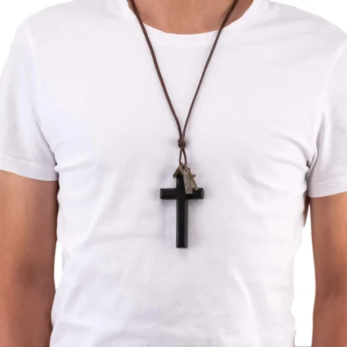 Vista 7 de LNKRE JEWELRY Collar de cruz para hombre con cadena de cuero, collar de madera de aspecto vintage Negro
