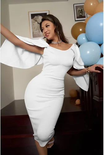 Vista 4 de DAAWENXI Elegante vestido de cóctel imperio con volantes y hombros descubiertos para mujer
