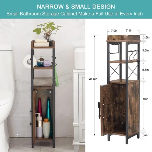 Vista 3 de VECELO Armario de baño pequeño, soporte delgado de papel higiénico con puerta y 2 estantes, organizador de almacenamiento estrecho mejorado