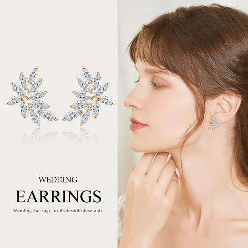 Vista 2 de UILZ Aretes de boda de marquesa para novias de dama de honor, aretes dorados de circonita cúbica para mujer, joyería de fiesta de graduación, regalo