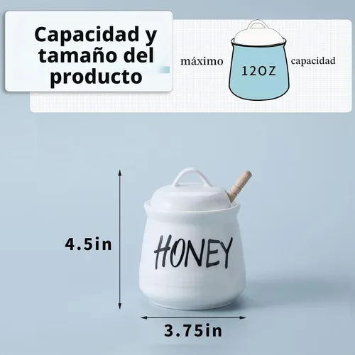 Vista 2 de Tarro de miel pequeño de porcelana con tapa y cuchara de miel 12oz (blanco)