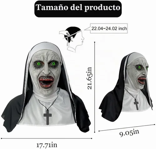 Vista 3 de Máscara de látex aterradora de monja de terror para fiesta de Halloween, disfraz de cabeza completa, máscara espeluznante con collar de cruz