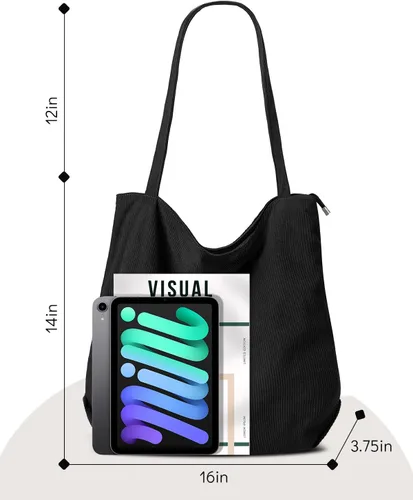 Vista 4 de Bolso de pana Iioscre para mujeres, bolsos hobo con cierre de cremallera, bolsos de hombro casuales de gran capacidad con bolsillos interiores