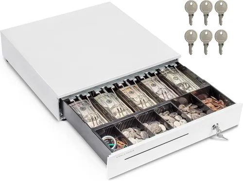 Vista 8 de Volcora Cajón de caja registradora de 13" para sistema de punto de venta (POS), Bandeja de efectivo de 4 billetes y 5 monedas, Cajones delanteros