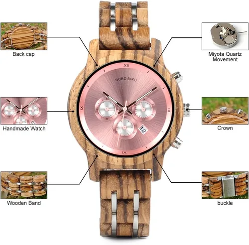 Vista 6 de BOBO BIRD Relojes de madera para mujer, correa de metal de madera de lujo, cronógrafo y visualización de fecha, reloj de cuarzo, moda de cebra