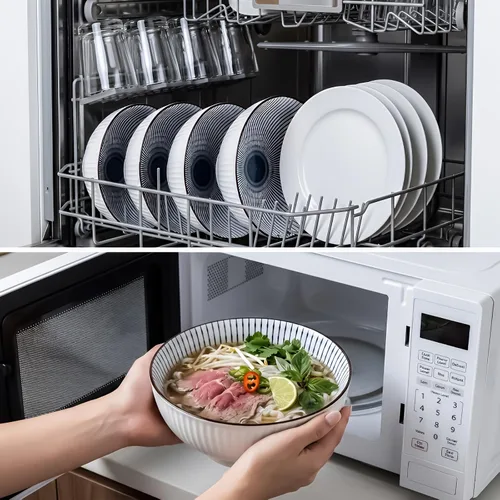 Vista 6 de QINLANG Juego de 3 cuencos grandes de sopa Pho & Ramen, 60 onzas, cuencos grandes de porcelana azul y blanca, patrón a rayas