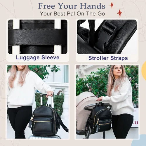 Vista 6 de Miss Fong - Mochila pequeña para pañales, mini mochila para pañales con 11 bolsillos, mochila mini para pañales de bebé con soporte para Negro