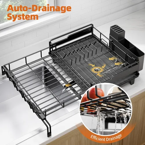 Vista 5 de Urackify - Escurridor de platos extendible, estante de secado de platos grande para encimera de cocina, escurridor de platos a prueba de óxido