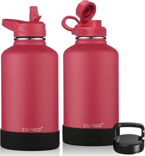 Vista 26 de CIVAGO Botella de agua aislada de 22 onzas con pajita, frasco de agua deportiva de acero inoxidable con 3 tapas