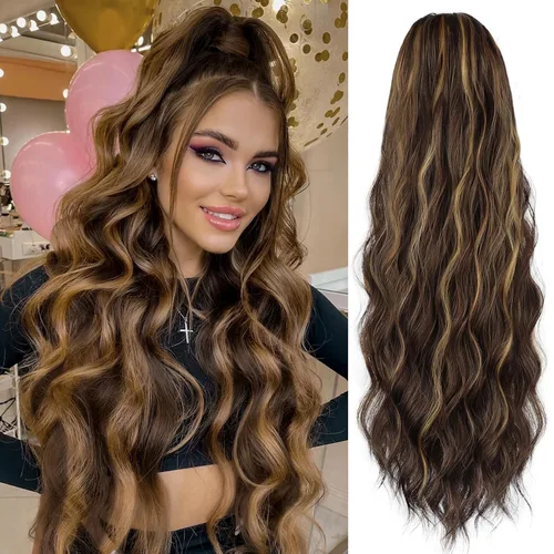 Vista 17 de FREEMEIGE Extensión de Cola de Caballo de 22 Pulgadas Negro Mezclado con Burdeos Larga Ondulada con Cordón Extensión de Cola de Caballo para Mujeres