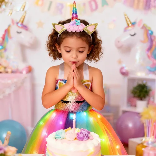 Vista 4 de Disfraz de unicornio para niñas con luz LED, tutú de princesa para disfraz de Halloween, regalo de cumpleaños y Navidad Arco iris profundo+ala