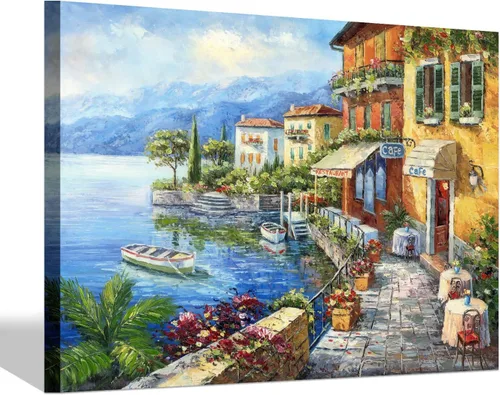 Vista 13 de SD SOFT DANCE Lienzo decorativo para pared de pueblo italiano, pintura de pueblo costero, reproducción de obras de arte para sala de estar