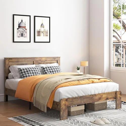 Vista 7 de Base de cama completa de madera con cabecera, base de cama de plataforma rústica de granja con soporte de 12 listones de madera, no necesita somier