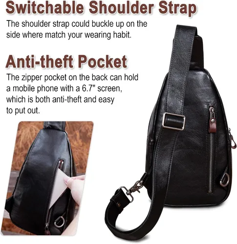 Vista 5 de Bolso bandolera de cuero genuino para hombres y mujeres, bolso de hombro cruzado, mochila de pecho, bolso de mano casual