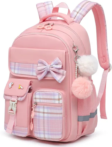Vista 13 de Alrisg Mochila escolar para niñas, a cuadros, ligera, con lazo, color negro