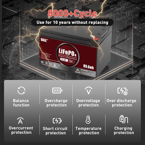 Vista 3 de UAZ Batería de ciclo profundo LiFePO4 de litio de 12 V 7 Ah, Power Wheels Smart 10A BMS 5000+ ciclos de carga rápida para silla de ruedas