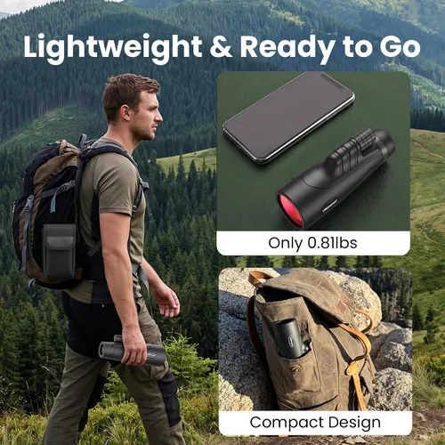 Vista 4 de Monocular compacto de 12 x 52 para adultos de alta potencia con visión Prisma BAK4, lente FMC, con adaptador de teléfono, trípode, correa de mano