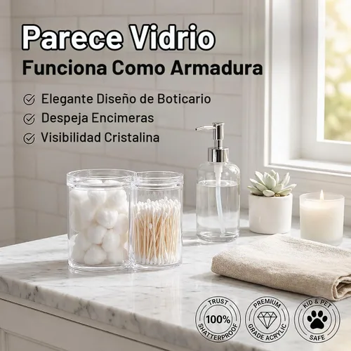 Vista 4 de ForPro - Tarro de boticario de acrílico transparente con 2 compartimentos con tapa, soporte inastillable y organizador de bolas de algodón