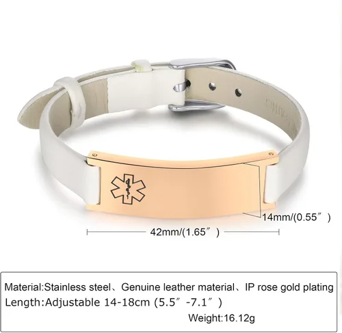 Vista 21 de MPRAINBOW Pulsera de alerta médica personalizada para mujer, correa de reloj de cuero genuino, grabado de doble cara, diabetes, epilepsia, joyería