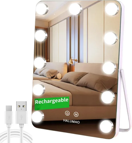Vista 10 de halumao Espejo de tocador con luces, espejo de maquillaje iluminado de 14.5 pulgadas, espejo de maquillaje LED con luces para mesa de dormitorio