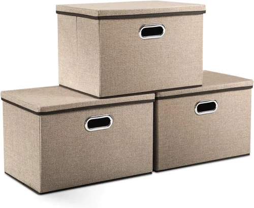 Vista 10 de PRANDOM Contenedores de almacenamiento con tapas [paquete de 3] cajas de almacenamiento plegables de tela de lino, canastas organizadoras, cubos