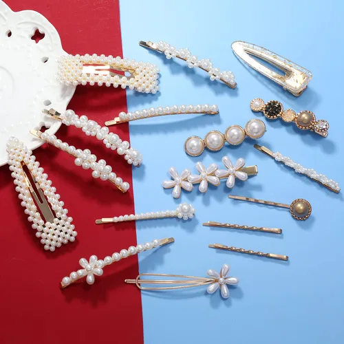 Vista 3 de Accesorios para el cabello para mujer, 18 piezas hechas a mano con pasadores de perlas de simulación, juego de clip geométrico de flores