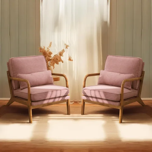 Vista 10 de Bonnlo - Silla de acento moderna de mediados de siglo con tela de lino beige, sillones de descanso con acolchado de madera maciza para sala