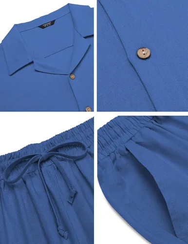 Vista 4 de COOFANDY Conjunto de ropa de lino de 2 piezas para hombre camisa con botones y pantalones sueltos