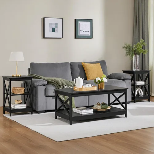 Vista 2 de Topeakmart X-Design - Juego de 3 mesas de sala de estar, con 1 mesa auxiliar y 2 mesas laterales para sofá, color negro