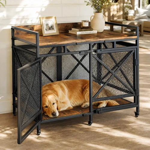 Vista 13 de COZPAW Jaula para perros de 48 pulgadas con ruedas, marrón Perrera extra grande para perros XL, mesa auxiliar de madera con barandilla, marco