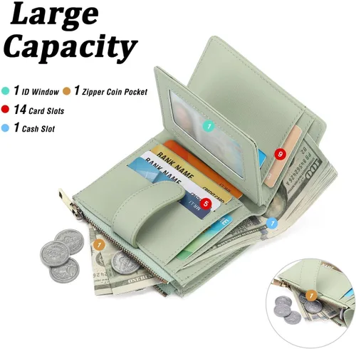 Vista 2 de GAEKEAO Cartera pequeña de cuero vegano con bloqueo RFID plegable para mujer, tarjetero compacto con bolsillo con cremallera y ventana