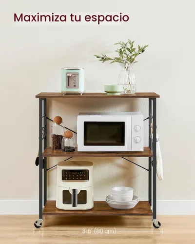 Vista 3 de VASAGLE Estante de cocina con ruedas, carrito de servicio de 31.5 pulgadas con 3 estantes, carrito de cocina, estante de microondas, para mini