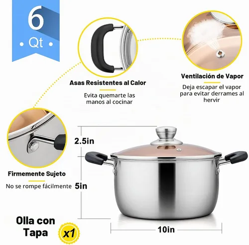 Vista 3 de E-far Olla de 6 cuartos de galón, olla de sopa de metal de acero inoxidable con tapa de vidrio para cocinar, saludable y libre de óxido, resistente