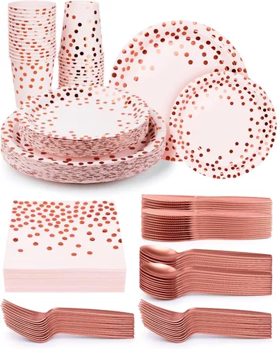 Vista 12 de 224 piezas de suministros para fiestas, platos de fiesta negros y dorados, juegos de vasos y servilletas con cuchillos, tenedores y cucharas