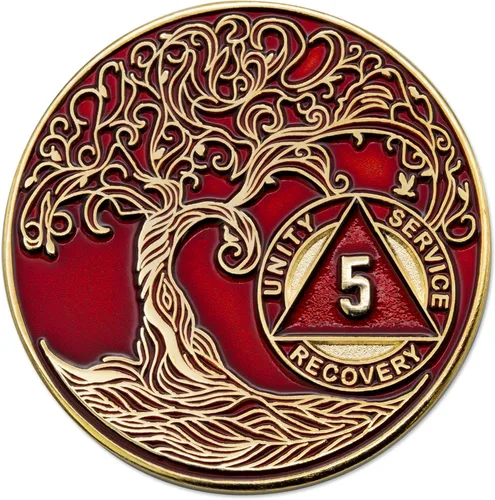 Vista 103 de 1 año Sobriety Mint Twisted Tree of Life Medallón de recuperación AA chapado en oro, chip/ficha - negro