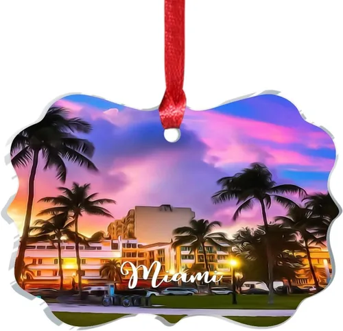 Vista 7 de Florida USA - Adornos de Navidad acrílicos de Miami, paisaje urbano, decoraciones de Navidad para árbol de viaje, recuerdo, adornos de Navidad
