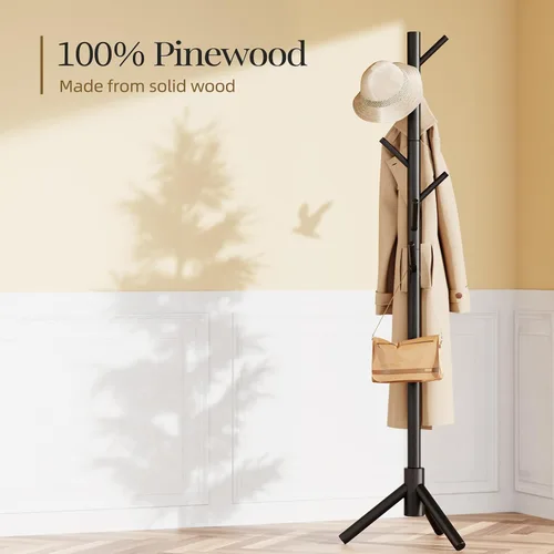 Vista 4 de Pipishell Perchero de Madera Resistente, Árbol de Abrigos de 3 Tamaños Ajustables con 8 Ganchos, Percheros para Pasillo de Entrada, Soporte