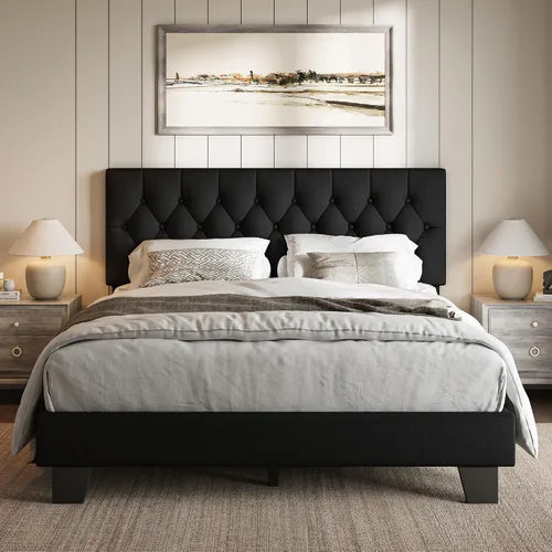 Vista 8 de iPormis Marco de cama tapizada de tamaño completo con cabecera capitoné con botones, plataforma de lino con patas de soporte engrosadas, sin
