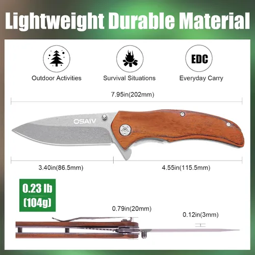 Vista 4 de Juego de cuchillos de madera plegables de bolsillo, cuchillos tácticos plegables EDC de apertura segura con cerradura, cuchillo pequeño y afilado