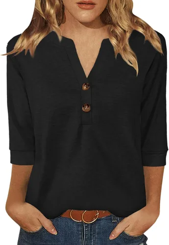 Vista 18 de Dimur Camisetas de manga 3/4 con cuello en V y botones para mujer, traje casual de negocios, camiseta básica de verano 2025