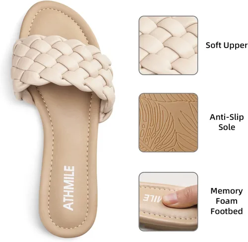 Vista 4 de ATHMILE Braided Womens Sandals Round Open Toe Fashion Slide Sandals Women Dressy Summer Flat Beach Size 6-11