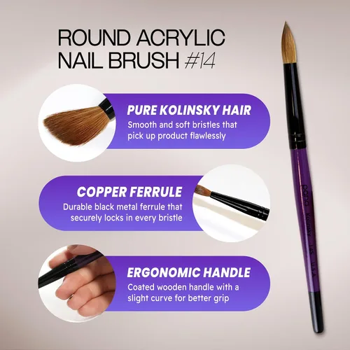 Vista 3 de PANA Pure Kolinsky Cepillo de uñas acrílico con mango de madera - forma redonda Púrpura